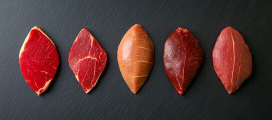 five different types of beef steaks on a black slate board background