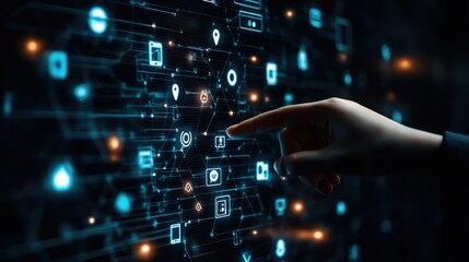 Poster - Hand touching virtual screen with data network connection and social media icons on dark background, technology concept for online. copy space for text.