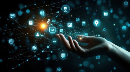 Poster - Hand touching virtual screen with data network connection and social media icons on dark background, technology concept for online. copy space for text.
