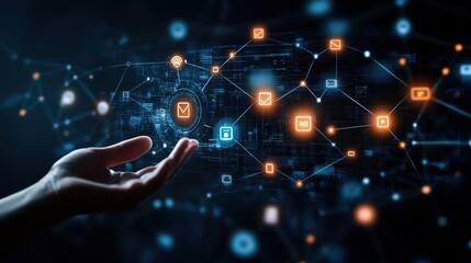 Poster - Hand touching virtual screen with data network connection and social media icons on dark background, technology concept for online. copy space for text.