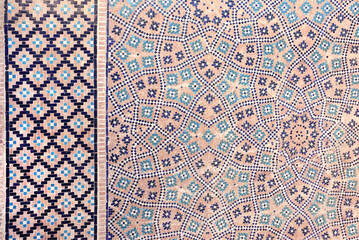  Vertical or horizontal background with detail of ancient mosaic walls with clay details and geometric ceramic tile ornament. Traditional iranian tile decorations