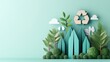 © Kasiwat - Eco-friendly concept with paper cut trees, houses, and recycling symbol on mint green background representing sustainability and environmental care.