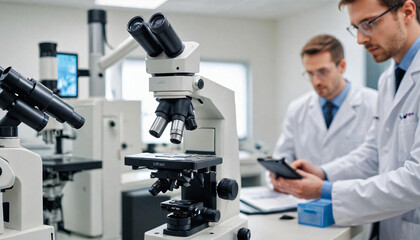 Two scientists are conducting medical research in a laboratory, analyzing samples under a microscope