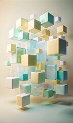 Poster - pastel geometry in motion: translucent, multi-colored cubes dance and float in ethereal space, a cap