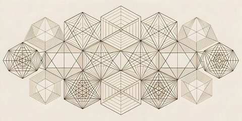 Poster - Geometric Harmony in Sepia: An intricate tapestry of interconnected hexagons and geometric shapes, rendered in delicate sepia tones, evokes a sense of order and complexity. 