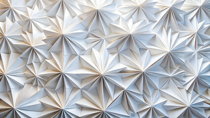 Poster - Geometric Origami Harmony: A seamless texture of white folded paper forms a mesmerizing pattern, ideal for minimalist backgrounds and modern design. 