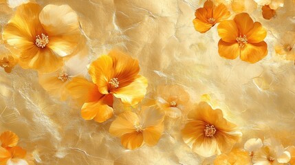 Poster - Golden flowers blooming on luxury marble texture background
