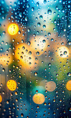Poster - City Lights Through Rain-Kissed Glass: A mesmerizing close-up of raindrops clinging to glass, blurring the vibrant city lights into dreamy orbs of color. 