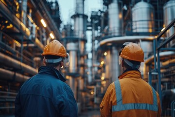 Industrial engineers wearing hard hats inspecting a pipeline system