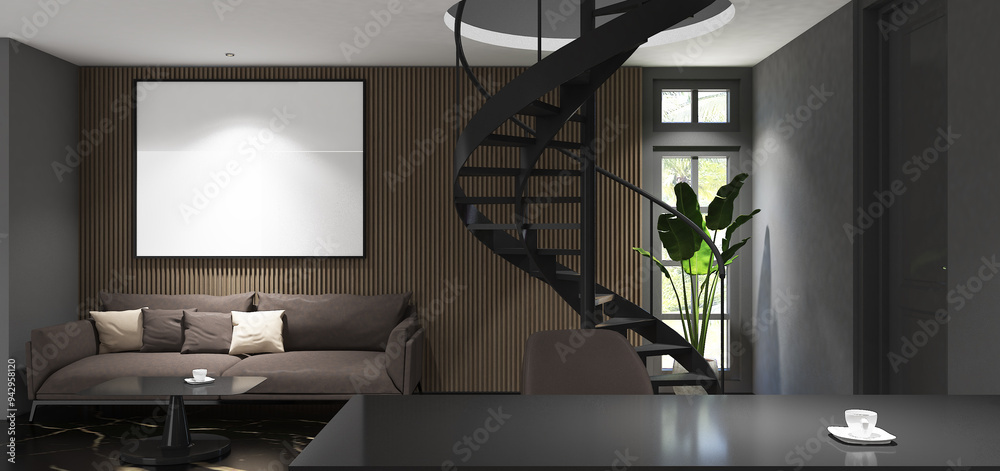 3d render of minimal black spiral stair case in living room. Black ...