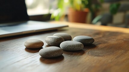 Canvas Print - A group of smooth grey and brown stones on a wooden desk with a laptop and a plant in the background.