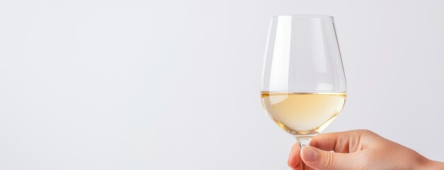 A refined hand raising a wine glass of white wine, perfectly isolated on a bright white background, capturing the wine s clarity