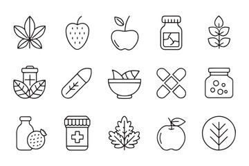 Food supplement, herbal, natural, vitamin related Minimalist Line 15 pcs icons set isolated on white background flat vector illustration