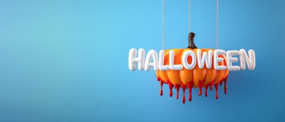 Halloween celebration party holiday greeting card with text - 3d illustration of scary hanging halloween pumpkin with dripping blood, isolated on blue background