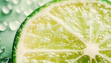 close-up of fresh lime slice with juicy pulp and water droplets on green background