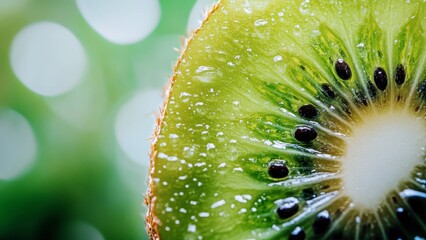 close-up of fresh kiwi slice with seed detail and water droplets on vibrant green background