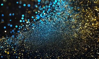 Poster - Captivating dance of shimmering gold and blue particles creating a mesmerizing visual spectacle in a dark setting. Generative AI