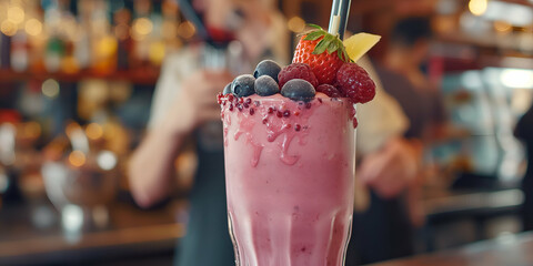 A colorful berry smoothie is garnished with fresh fruit, while people blend ingredients in a lively café atmosphere during the afternoon