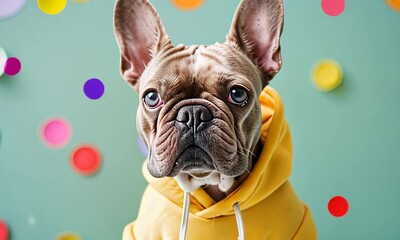 Poster - A charming French Bulldog dons a cozy yellow hoodie, sitting proudly amid vibrant polka dots of various colors, radiating joyful energy and cuteness