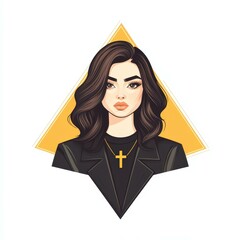 Wall Mural - A vibrant cartoon of a confident conservative woman with wavy brunette hair, wearing a cross necklace in warm colors.