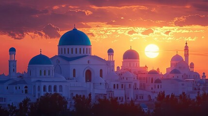 Iconic white buildings with blue domes are silhouetted against a vibrant sunset, creating a picturesque scene.