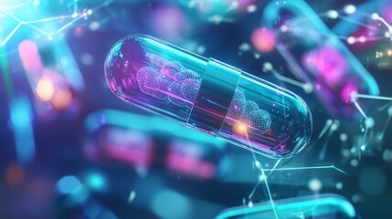 Futuristic digital representation of a capsule pill surrounded by neon lights, symbolizing advanced medicine and biotechnology.