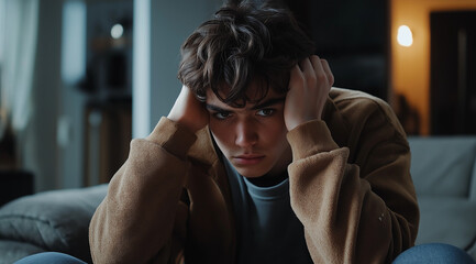 A man sitting on the couch with his head in hands, looking distressed and emotional, showing signs of anxiety or depression. The concept of emotional pain and suffering due to life events.