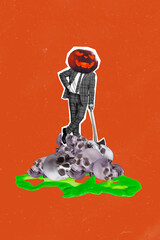 Poster - Composite artwork collage of happy halloween autumn holiday spooky season headless man hold axe lumberjack head pumpkin skull bone pile