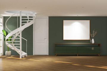 Wall Mural - 3d render of minimal white spiral stair case in living room. Wood parquet floor, wood louvre panel wall and white ceiling. Set 56