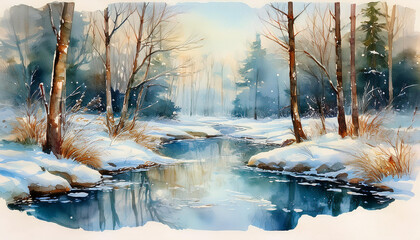 Wall Mural - Watercolor painting of winter forest with frozen pond. Beautiful natural landscape. Hand drawn art.