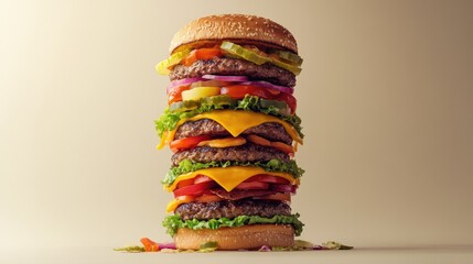 Sticker - A perfectly crafted tall hamburger, with juicy layers of meat, cheese, and vegetables, representing the epitome