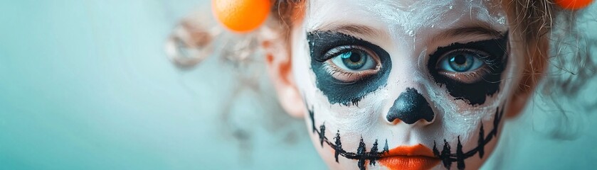 Poster - A close-up of Halloween-themed face painting at a carnival, with a child's face adorned with spooky designs. The background features carnival activities with plenty of copy space.