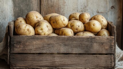 Sticker - A rustic wooden box filled with freshly harvested potatoes, set against a simple background. A classic visual of farm-fresh produce