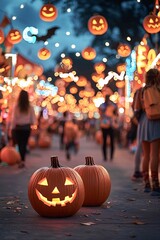 Poster - A nighttime view of a Halloween carnival, with glowing pumpkins, costumed visitors, and a variety of spooky decorations. The image is designed with plenty of copy space for additional content or