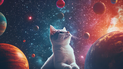 Sticker - cat astronaut flying outer space among colorful planets and stars 3d cartoon illustration