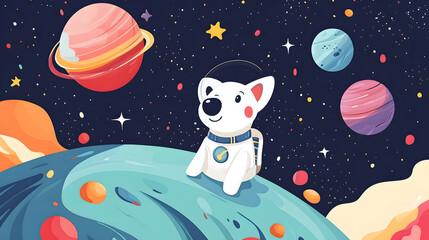 Wall Mural - Dog Astronaut flying outer space among colorful planets and stars cartoon illustration