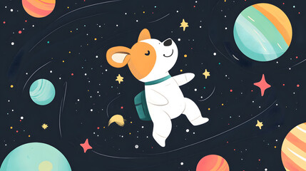 Wall Mural - Dog Astronaut flying outer space among colorful planets and stars cartoon illustration