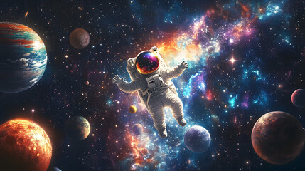 Sticker - Astronaut flying outer space among colorful planets and stars cartoon illustration