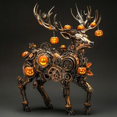 Poster - A steampunk-inspired deer with antlers made of metal and gears adorned with Halloween elements like small jack-o-lanterns