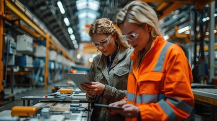 two engineers in industrial clothing and safety glasses analyzing data on tablets in a modern manufa