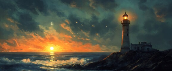 Wall Mural - A lighthouse stands tall on a rocky shore, illuminated by the setting sun, casting a warm glow over the ocean.