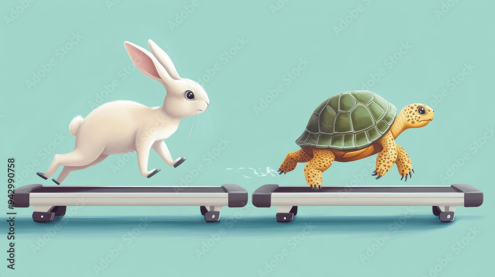 Turtle Racing Rabbit In Racing Gear Cartoon A modern cartoon illustration of a rabbit and a turtle racing each ...