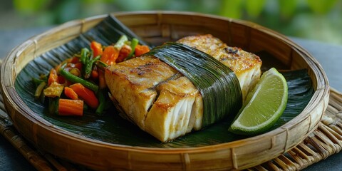 Grilled fish, vegetables, lime, bamboo basket.