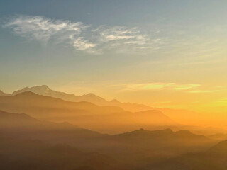 The beautiful views of the Himalaya and eight ranges visible (Annapurna, Manaslu, Ganesh Himal, Langtang, Jugal, Rolwaling, Everest and Numbur) from Nagarkot, Nepal