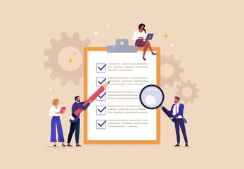 Business Checklist Concept. Vector illustration in flat style of a group of business people working around a clipboard with a document with a list of completed tasks. Isolated on background 