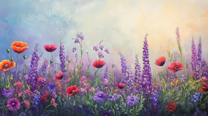 Canvas Print - Vibrant wildflowers adorn a spring meadow, their hues creating a vibrant tapestry. 