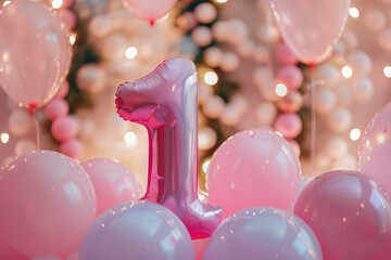 pink, girlish number one with balloons. playful symbol 1. invitation for first birthday celebration.