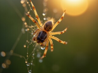 a close-up of a small spider weaving a web in the early morning light