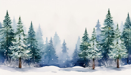 Wall Mural - Watercolor painting of winter forest with snow-covered pine trees. Beautiful natural landscape.