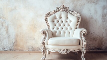 vintage white leather armchair with ornate carvings, set against a rustic, textured wall background.